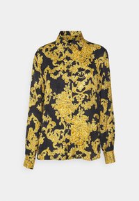 Czarna koszula z długim rękawem zapinana na guziki z ozdobnym żółtym kwiatowym i scrollowym wzorem barokowym.