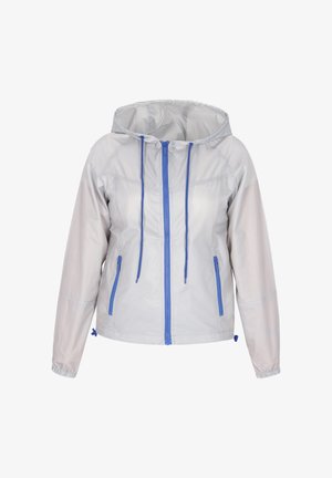 Kevyt hupparitakki metallinhopeisena, jossa on siniset yksityiskohdat. Varustettu edessä vetoketjulla ja kahdella sivutaskulla. Elastiset hihansuut ja kiristettävä helma.