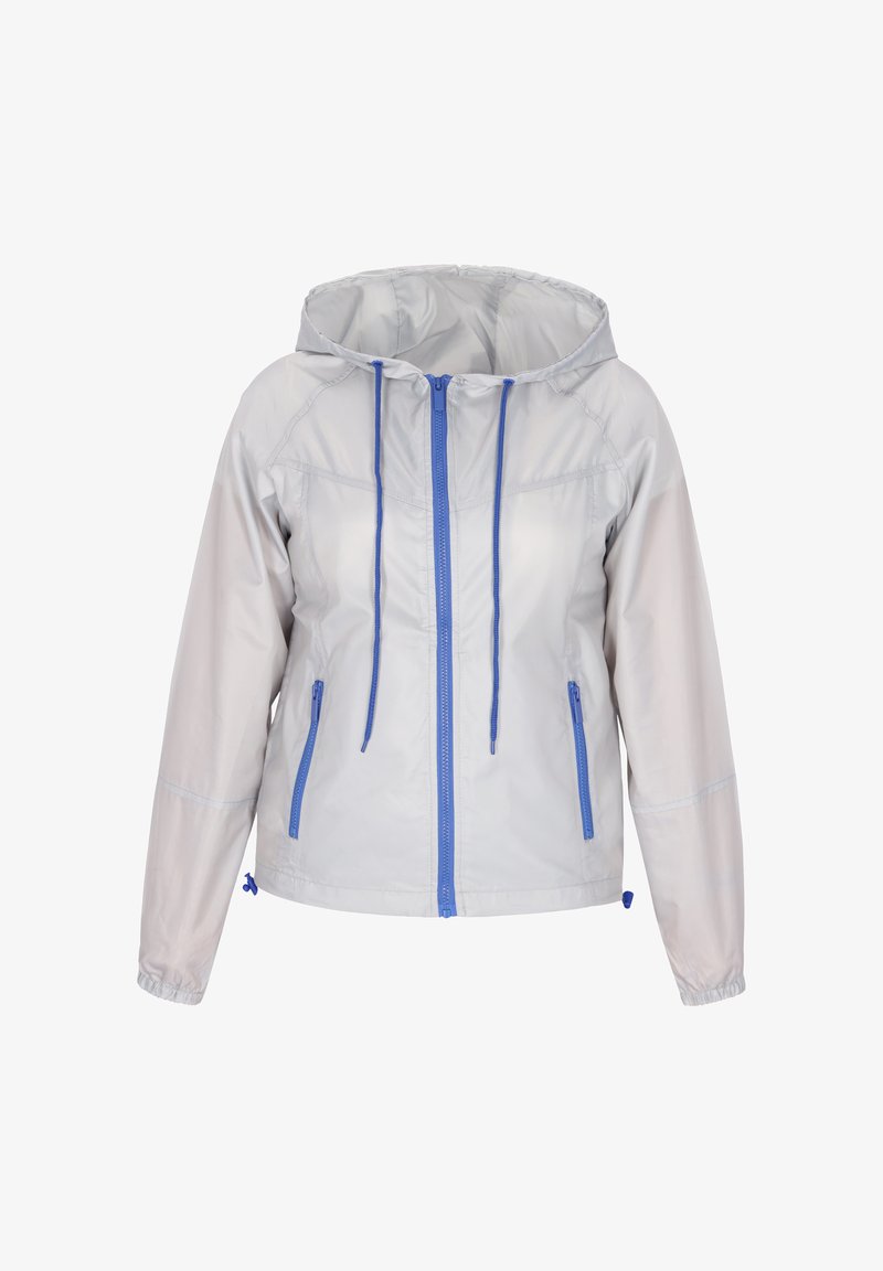 Letvægts hættetrøje i metallisk sølv med blå detaljer. Har en frontlynlås og to sidelommer. Elastiske manchetter og snoretræk i kanten.