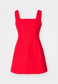 Punainen hihaton mekko, jossa on teksturoitu kuitu, neliön muotoinen kaula-aukko ja levenevä siluetti. Ominaisuuksiin kuuluu istuva yläosa ja sileä hame.