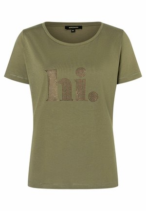 T-shirt vert olive avec un col rond et des manches courtes, ornée de "hi." en strass bronze sur le devant. Matière en coton doux.