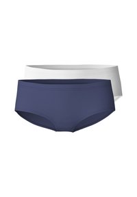 Twee paar dames hipsterondergoed, één in navyblauw en één in wit, gemaakt van gladde stof met een naadloos ontwerp en een gestructureerde tailleband.