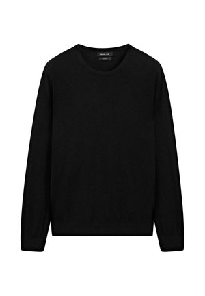 Black long-sleeve sweater made of soft fabric. Features a round neckline, fitted sleeves, and a straight hem. No patterns or accents.
