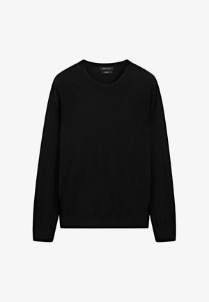 Zwarte lange mouwen trui van zachte stof. Heeft een ronde halslijn, aansluitende mouwen en een rechte zoom. Geen patronen of accenten.