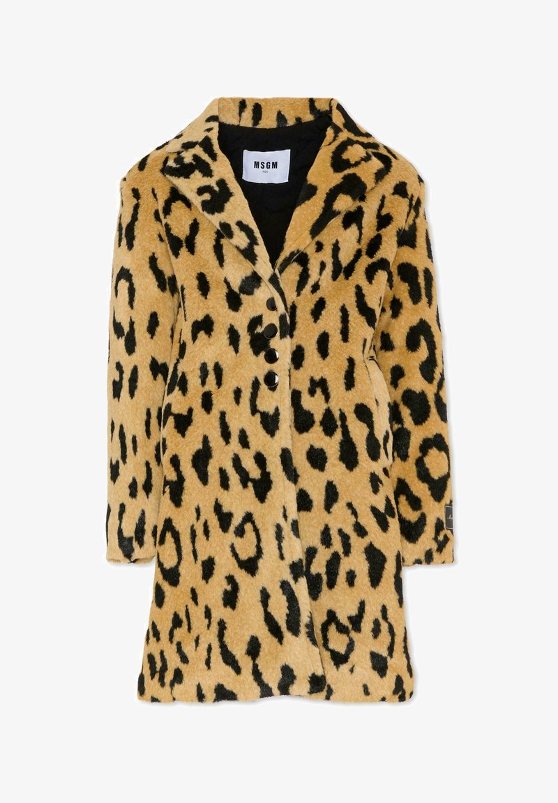 Leopardprint jas in bruin en zwart, met een gekartelde kraag, drie zwarte knopen en een zachte, gestructureerde stof.