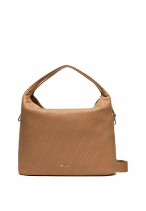Borsa in pelle color cuoio con motivo a logo ripetuto in rilievo, manico singolo in alto e nome del marchio "LIU JO" in oro sul davanti.