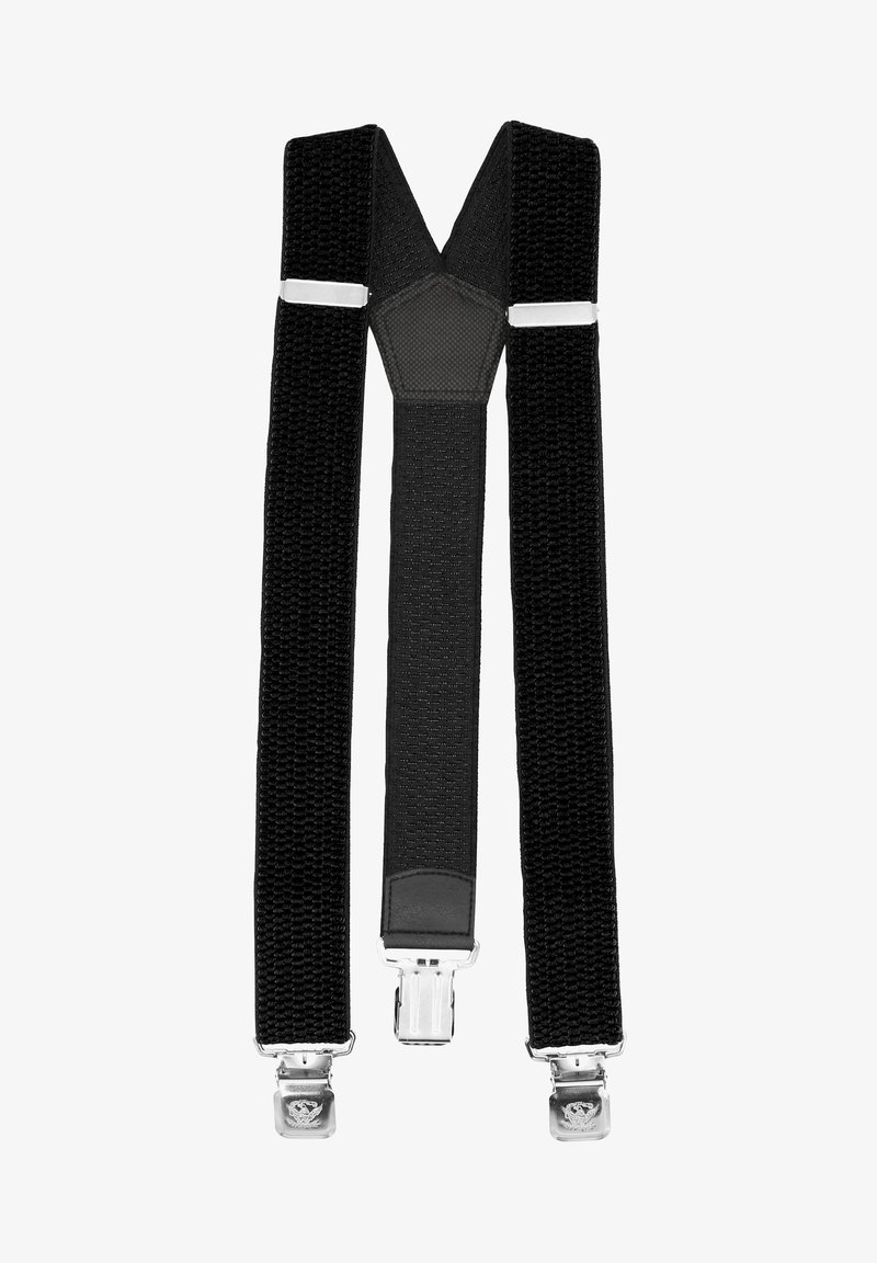 Black woven suspenders with silver metal clips, Y-back design, featuring textured fabric and adjustable length for secure fit.