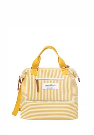 Yellow and white striped fabric handbag with dual handles, adjustable shoulder strap, zip closure, and a front zip pocket with brown accents.