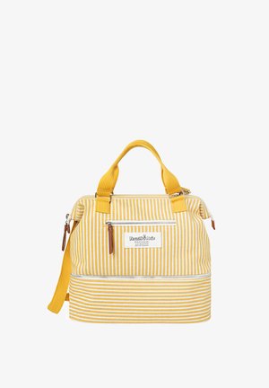Yellow and white striped fabric handbag with dual handles, adjustable shoulder strap, zip closure, and a front zip pocket with brown accents.
