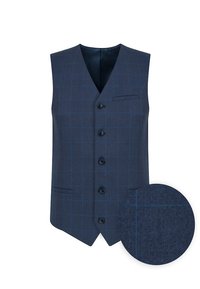 Granatowa kamizelka w kratę, z pięcioma guzikami, dwiema kieszeniami i gładką podszewką. Materiał ma teksturowane wykończenie.