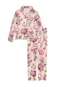 Set de pijamale florale, cu un fundal roz deschis, decorat cu imprimeuri mari de bujori violeți și roz, cu mâneci lungi și pantaloni asortați, dotati cu un brâu elastic.