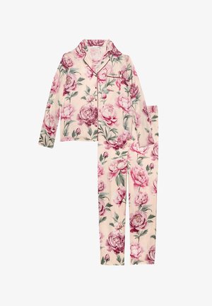Blomstrede pyjamas sæt med en lys rosa baggrund og store lilla og lyserøde pæontryk, lange ærmer og matchende bukser med elastisk talje.