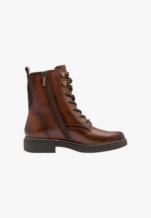 Stivaletto in pelle marrone con lacci frontali, cerniera laterale, punta arrotondata e suola in gomma piatta. Presenta dettagli di cucitura e accessori metallici.