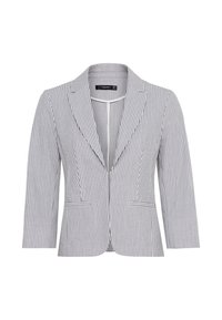 Pruhovaný blazer v šedé a bílé barvě, s klopovým límcem, zapínáním na jeden knoflík, dvěma předními kapsami a hladkou texturou látky.