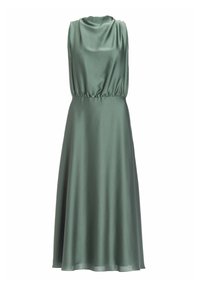 Robe sans manches, verte mousse, avec un col drapé, une taille élastique et une silhouette en A fluide, fabriquée en tissu lisse et brillant.