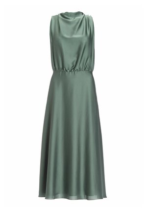 Ärmelloses, moosgrünes Kleid mit drapiertem Ausschnitt, elastischem Taillenbund und fließender A-Linien-Silhouette aus glattem, glänzendem Stoff.