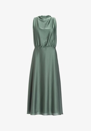 Ärmelloses, moosgrünes Kleid mit drapiertem Ausschnitt, elastischem Taillenbund und fließender A-Linien-Silhouette aus glattem, glänzendem Stoff.