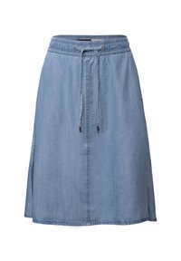 Denimkjol i ljusblått, med elastisk midja och dragsko, sidoflikar och sydda detaljer längs längden.