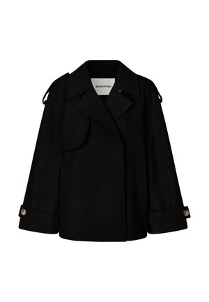 Schwarze Wollmischung Jacke mit einem doppelt brustigen Design, reverskragen, seitlichen Taschen und knöpfbaren Manschetten; mit Schulterklappen.
