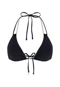 Black bikini top with triangular cups, adjustable ties, and hardware accents. Features thin straps and a gathered fabric design.
