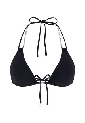 Black bikini top with triangular cups, adjustable ties, and hardware accents. Features thin straps and a gathered fabric design.
