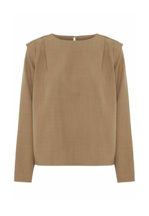 Blusa marrón de manga larga con cuello redondo, que presenta sutiles pliegues en los hombros y un pequeño cierre con botón en la parte posterior. Tela suave y texturizada.