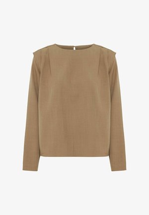Blusa marrón de manga larga con cuello redondo, que presenta sutiles pliegues en los hombros y un pequeño cierre con botón en la parte posterior. Tela suave y texturizada.