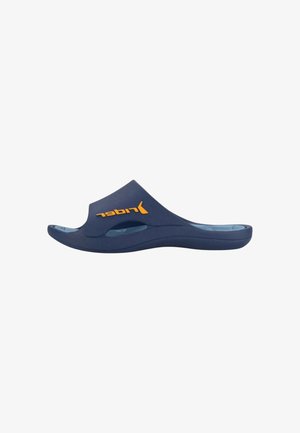 Infradito di gomma blu con design aperto, caratterizzati da una parte superiore inclinata e una suola texturizzata. Include un logo arancione sul lato.