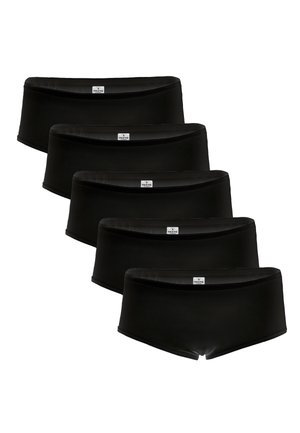 Vijf paar zwarte boxershorts gemaakt van zachte stof. Elk heeft een brede tailleband met een klein merkje aan de voorkant.