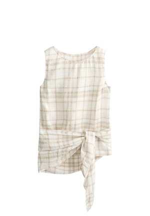 Haut sans manches à carreaux beige et blanc avec encolure ronde et détail de nœud à la taille sur le devant, doté d'un ourlet asymétrique.