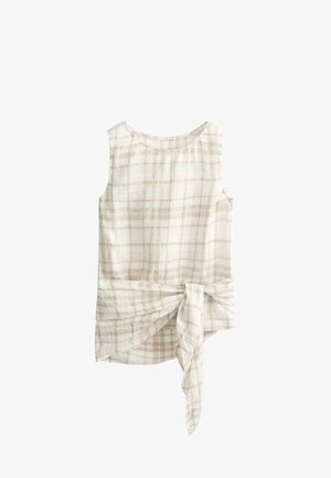Ärmelloses, beige-weiß kariertes Oberteil mit rundem Ausschnitt und vorderem Taillenbindedetail, mit einem Saum in High-Low-Form.