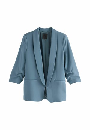 Hele sinine pintsak sala-kraega, kolmveerandvarrukatega, kahe eesmise taskuga ja siledast, tekstureeritud kangast.