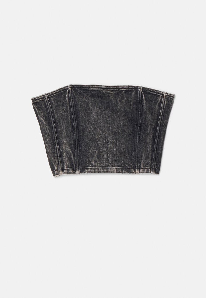 Svart denim bustier med strukturerad design, som har vertikala sömmar och en figurnära, kort form. Texturerad yta med subtila blekningar.