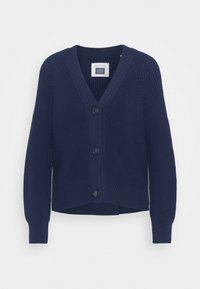 Granatowy dziergany kardigan z dekoltem w serek, pięcioma guzikami z przodu, prążkowanymi mankietami i dołem oraz teksturowanym ściegiem na całej powierzchni.