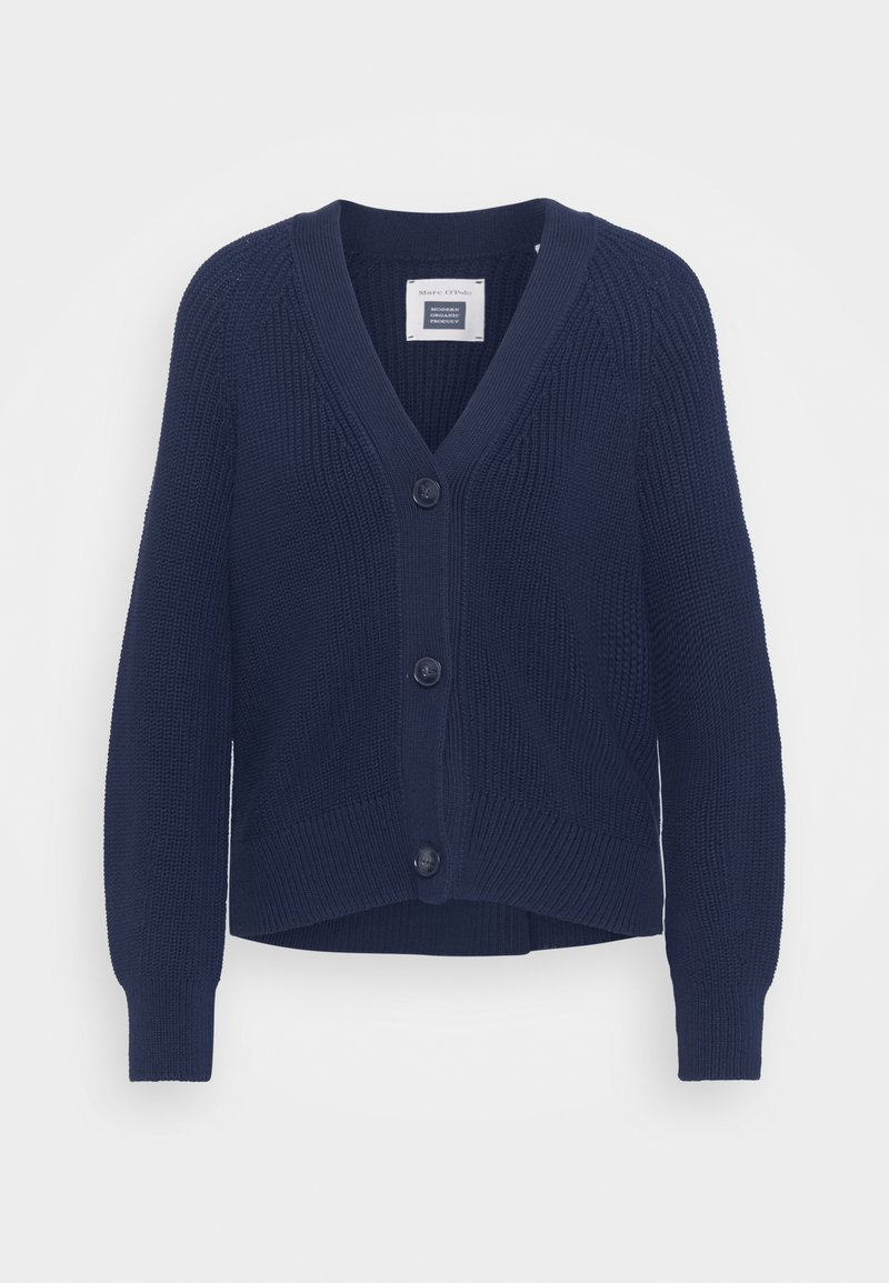 Granatowy dziergany kardigan z dekoltem w serek, pięcioma guzikami z przodu, prążkowanymi mankietami i dołem oraz teksturowanym ściegiem na całej powierzchni.