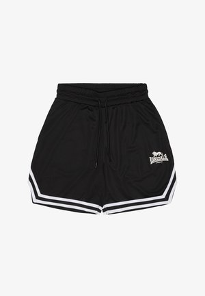 Mustad sportlühikesed püksid, millel on valged topeltsirged äärel ja Lonsdale Londoni logo paremal reiel, varustatud elastse vöörihma ja nööriga.