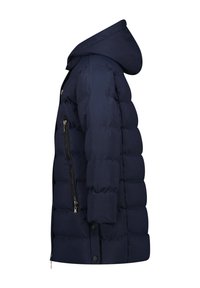 Giacca a vento blu navy con cappuccio, tasche laterali con zip, design a trapuntatura e silhouette dritta con chiusure a pressione sul fondo.