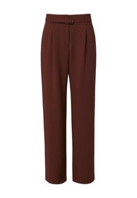 Bruine geplooide broek met een wijde pijpdesign, voorzien van een bijpassende riem en een gladde textuur, gemaakt van lichtgewicht stof.