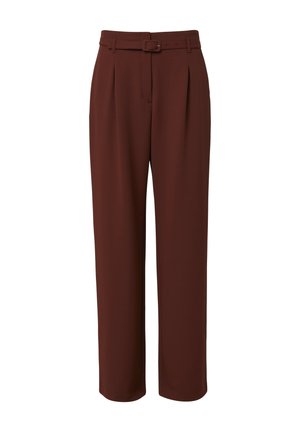 Bruine geplooide broek met een wijde pijpdesign, voorzien van een bijpassende riem en een gladde textuur, gemaakt van lichtgewicht stof.