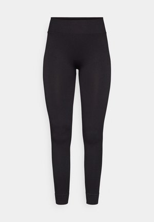 Black ribbed leggings with a high waistband, stretchy material, and fitted design, tapering at the ankles without additional patterns or accents.