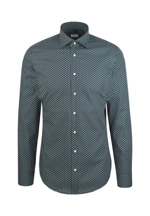 Herren Langarmhemd mit Knopfverschluss, dunklem Hintergrund und kleinem, kreisförmigem, hellblauem geometrischen Muster.