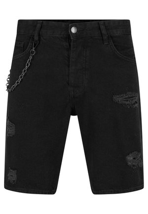 Shorts de mezclilla negra con parches desgastados, con una cadena plateada sujeta a la cintura y un diseño clásico de cinco bolsillos.