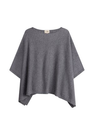Poncho en laine grise douce avec un large col bateau et un ourlet asymétrique, étiqueté « GOBI », présenté sur fond blanc.