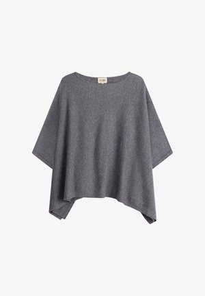 Poncho en laine grise douce avec un large col bateau et un ourlet asymétrique, étiqueté « GOBI », présenté sur fond blanc.