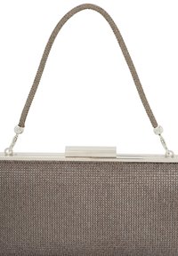 Metallinen ruskea clutch-laukku, jossa on teksturoitu pinta. Laukussa on hopeinen lukko ja punottu olkahihna.