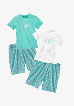 Two sets of sleepwear featuring a turquoise t-shirt with a star graphic, and white t-shirt with a star, both paired with patterned shorts.