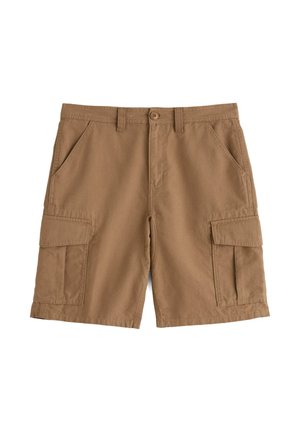 Rjave bombažne kratke hlače cargo s sponko za zapenjanje, zankami za pas, stranskimi žepi in z vrhnjimi žepi na vsaki hlačnini.