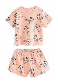 Lyserød kortærmet top og shorts sæt med et zigzag-zebramønster i sort og hvid. Fremstillet af blødt, letvægtsstof. Elastisk hoftebånd.