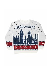 Maglione bianco con silhouette del castello di Hogwarts in blu navy, motivo a rombi rossi e blu lungo il fondo, con testo in blu navy che scrive "HOGWARTS."