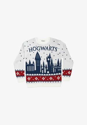 Maglione bianco con silhouette del castello di Hogwarts in blu navy, motivo a rombi rossi e blu lungo il fondo, con testo in blu navy che scrive "HOGWARTS."